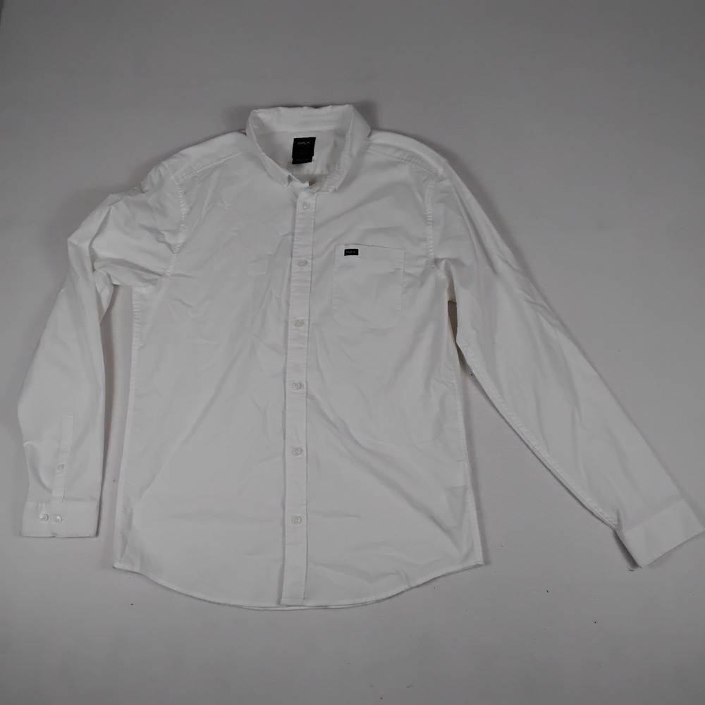 RVCA Mens Large White Solid Woven Cotton Slim Fit LS Button-Up Shirt